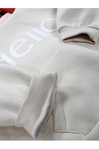 Ekru Sevimli Kabartma Baskılı Kapşonlu 3 İplik İkili Bebek Takımı Ekru