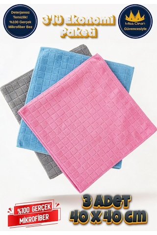 Miss Clean 3 Lü Paket Mikrofiber Temizlik Bezi 40x40 Cm Renkli Kartela Çok Renkli