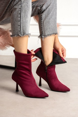 Dabab Shoes Marya Kadın Bordo Streç Lüks Süet Sivri Burun Sıcak Astarlı Fermuarlı 7 Cm İnce Topuklu Bot Bootie