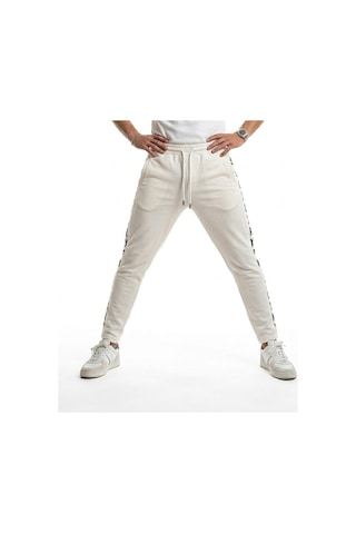 Plus Scorpion Erkek Slim Fit Eşofman Altı Yazılı Şerit Detaylı, Dar Paça Jogger Pantolon Beyaz