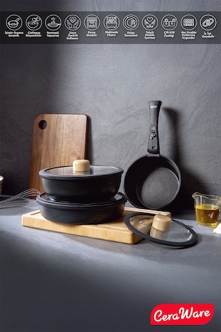Ceraware Hona Daily 9 Parça Tak Çıkar Saplı Iç Içe Geçebilen Seramik Yapışmaz Tencere Tava Seti Siyah