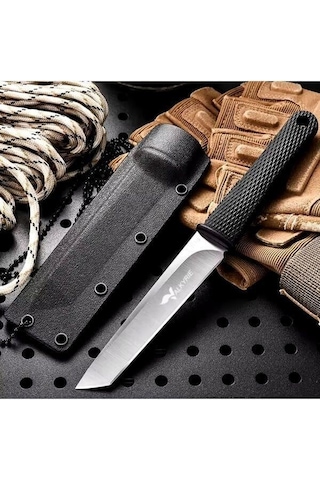 Valkyrie - Paslanmaz Soğuk Çelik Tırtıklı 9cr18 Boyun Askılı Kılıflı Kamp Av Bıçağı Gümüş Gümüş