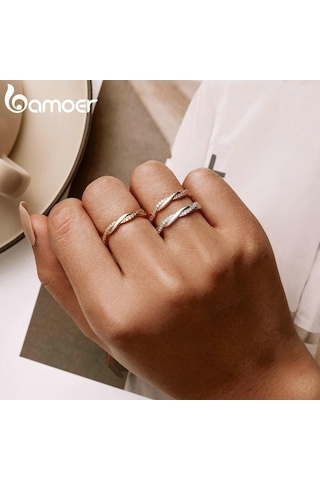 Altın Bamoer 925 Ayar Gümüş Basit Bükülmüş Yüzük Boyutu 6 7 8 9 Kadınlar İçin 14 K Altın Kaplama Sonsuzluk Band Yüzük 3 Renk Güzel Takı