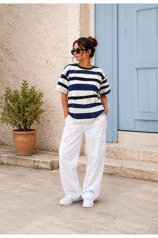 Alexandergardi Çizgili Oversize T-shirt Lacivert - Beyaz