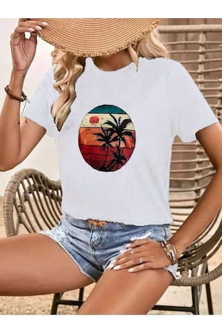 Etiler Collection Kadın Kısa Kollu Palmiye Baskılı Viskon T-shirt Beyaz