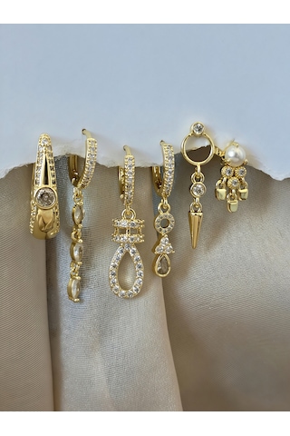 6'lı Sallantılı Zirkon Taşlı Çelik Gold Renk Küpe Seti Altın