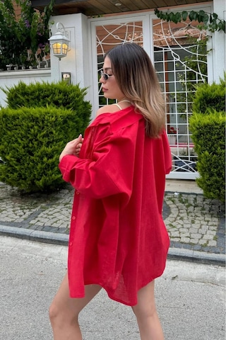 Rouge Basıc Oversize Keten Dokulu %100 Pamuk Salaş Gömlek Kırmızı