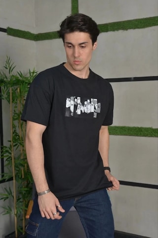 Moda Assema Erkek Bisiklet Yaka Baskılı Kısa Kol Oversize T-shirt - Siyah Çok Renkli