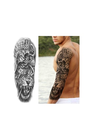 Geçici Dövme Kol Kaplama - Aslan Kral Mekanik Saat Ve Taç Desenli Büyük Boy Tattoo Siyah