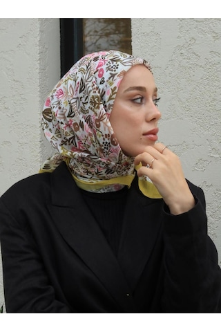 Moda Kaşmir Modern Flora Desen Bambu Eşarp Sarı-ekru