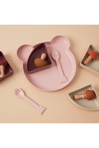 Tucklebery Buddy Mama Tabağı ve Çatal Kaşık Seti Pembe - Mor - Bej