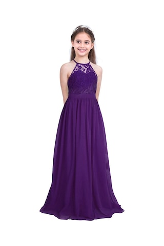 Mor Çocuk Kız Dantel Şifon Elbise Yüksek Belli Doğum Günü Hediyesi Balo Balo Akşam Nedime Düğün Parti Elbise 14 - 16 Yaş Mor