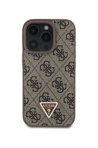 Apple Uyumlu iPhone 16 Pro Max Kılıf Guess Lisanslı Pu Deri Taşlı Üçgen Logo 4g Desenli Strass Kapak Kahverengi