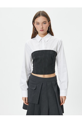 Koton Crop Gömlek Uzun Kollu Straplez Korse Detaylı Slim Fit Siyah Çizgili 4sal60092ıw 4SAL60092IW9S9 Siyah