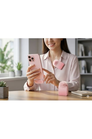Puffmic Pembe Tüylü Kablosuz 2'li Yaka Mikrofonu Type-c Lighting Uyumlu Canlı Yayın Mikrofonu