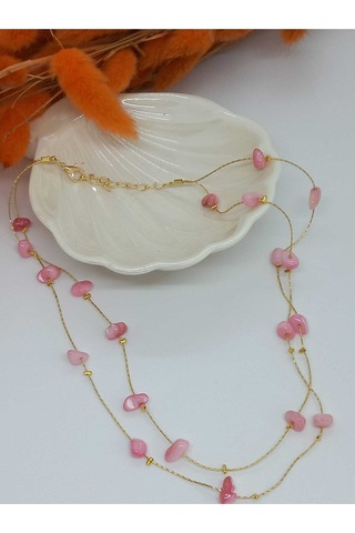 Gold Doğal Taşlı Zincirli Kolye 312 - Pembe