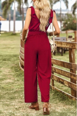 Defymoda Kadın Omuzlardan Bağlamalı V Yakalı Beli Kuşaklı Aerobin Tulum Bordo