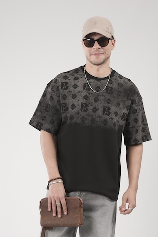 King-Brich Oversize Kalıp Logo Baskılı Bisiklet Yaka Basic Tişört Siyah