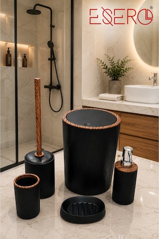 351 Siyah Lüks 5'li Banyo Seti Siyah Ahşap Desenli Çöp Kovası Wc Fırçası Sabunluk Diş Fırçalık Sıvı Sabunluk Modern Banyo Aksesuar Takımı