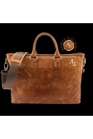 Twingold İsme Özel Günlük Kullanım El Omuz Evrak Laptop Çantası - %100 Deri - Ac09004 - Camel Camel