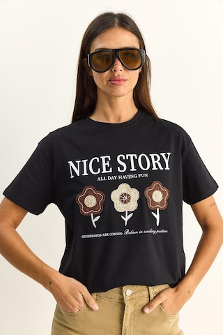 Shade Kadın Nice Story Yazı Ve Nakış Detaylı Relaxed Fit T-shirt 7635 60286116 - Siyah