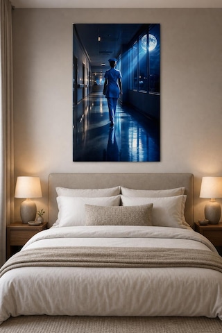 Gece Nöbeti Hemşire Baskılı Cam Tablo Uv Baskı Modern Hastane Duvar Dekoru