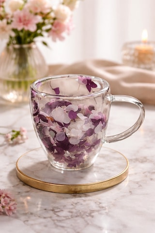 Makri Home Mor Beyaz Çiçekli Çift Cidarlı Cam Kupa, 350 Ml, 11 Cm X 8 Cm Çok Renkli