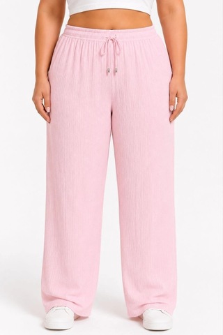 Ertaştrendstore Kadın Battal Beden Bürümcük Kumaş Beli Lastikli Bağcıklı Bol Paça Palazzo Pantolon - Pembe Çok Renk
