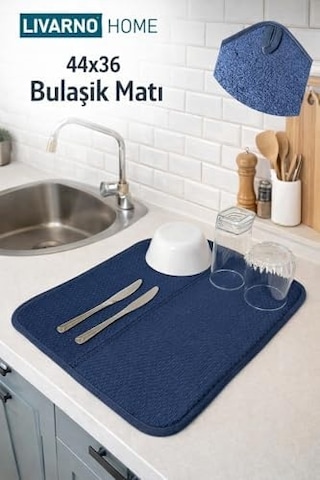 Aksu Livarno Mikrofiber Bulaşık Altlığı Kurutma Matı Katlanabilir Çift Yüzey Germany 44x36 Cm. Lacivert Açık Gri