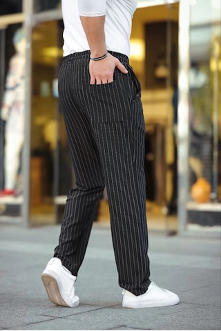 Cizgili Dokuma Krep Jogger Buggy Pantalon Rahat Kalıp - Siyah