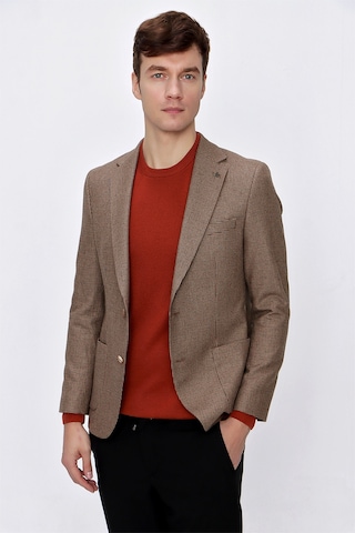 MORVEN Erkek Kahverengi Yünlü Pitikareli Dokuma Slim Fit Dar Kes Kahverengi