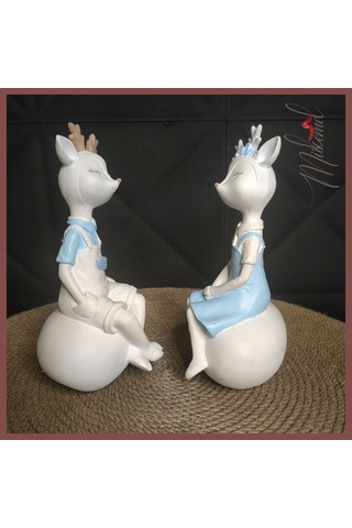 Sevimli Geyik Figürleri Mavi Kıyafetli 2 Adet El Yapımı Reçine