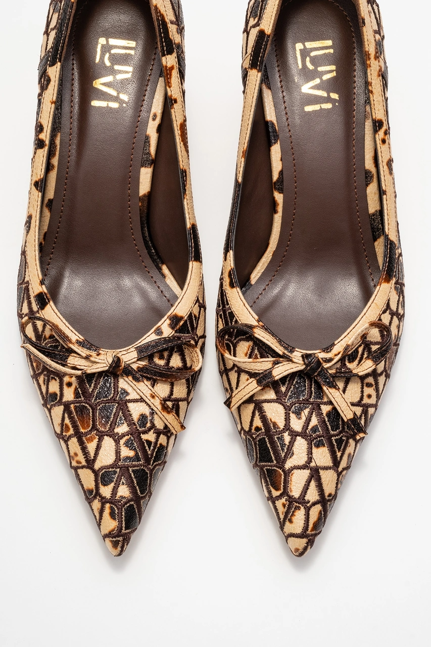 Camden Bej Desenli Fiyonklu Kadın Topuklu Ayakkabı Bej