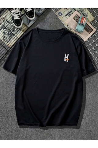 Erkek Siyah Oversize H Heart Baskılı Örme T-shirt Siyah-58954