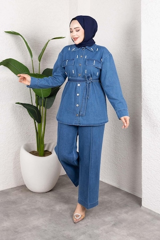 Misskayle Taş Detaylı Kuşaklı Denim Tesettür Takım Açık Mavi Açık