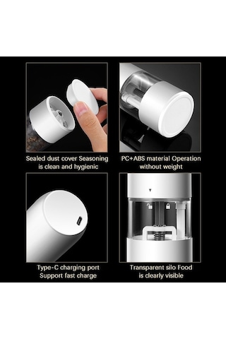 Createtech Aromalı Elektrikli Öğütücü, 6 Hız Ayarlı, Usb Şarjlı, Tuz/biber İçin, Beyaz Beyaz