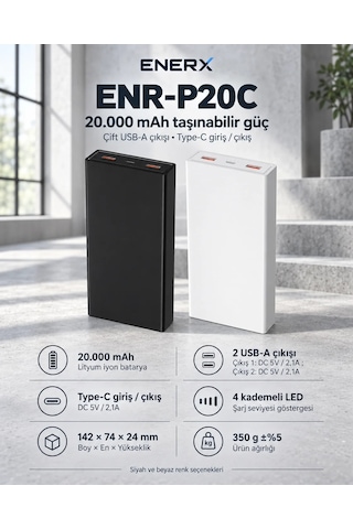 ENERX Powerbank 20000 Mah 2.1 Amper Enr-p20c Beyaz