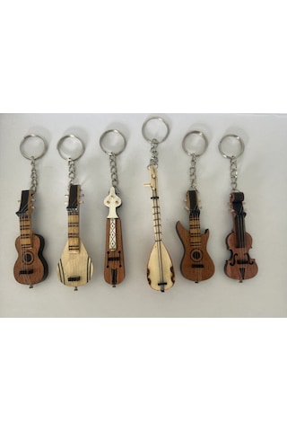 6 Adet Birden Ahşap El Yapımı Minyatür Anahtarlık Müzik Aleti Seti