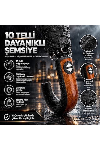 10 Telli Otomatik Ahşap Sap Rüzgara Dayanıklı Şemsiye Koyu Siyah