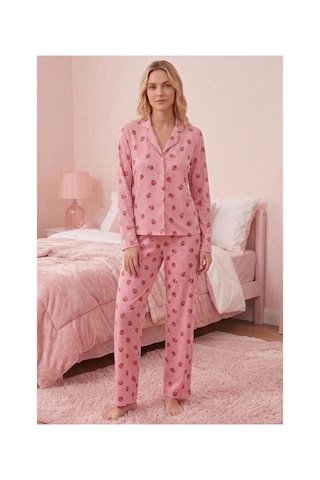 Fit Women Çilek Desenli Uzun Kollu Pijama Takımı 4605 -pembe Açık Pembe