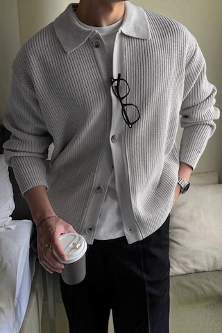 Serablanka Erkek Polo Yaka Oversize Triko Hırka Gri