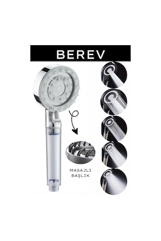 Berev Filtreli Arıtmalı Masajlı Çok Fonksiyonlu Basınçlı Krom Beyaz Duş Başlığı Gümüş