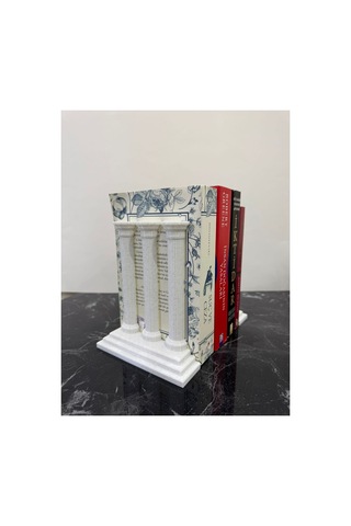Dekoratif Roma Sütunu Kitap Tutucu İkili Set Mermer Beyaz Kitaplık