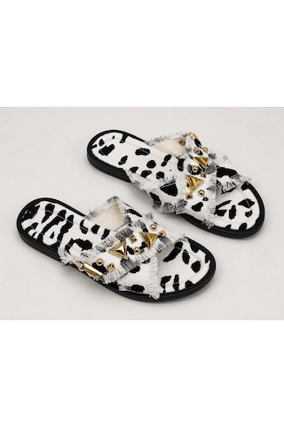 Dabab Shoes Helıa Kadın Gold Taş Detaylı Hasır Dokulu Fraseli Beyaz Leopar Terlik Beyaz - Leopar - Siyah