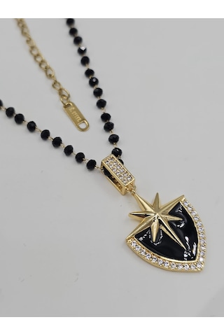 Siyah Taşlı Dorika Boncuklu Çelik Kalkan Kolye Siyah