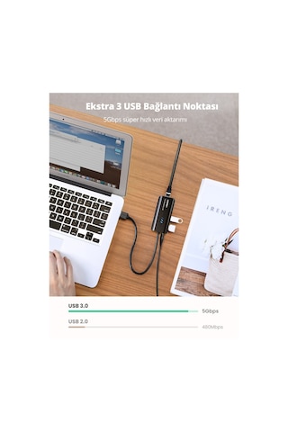 Ugreen Usb 3.0 Gigabit Ethernet Rj45 Dönüştürücü 3 Port Hub Usb Çoklayıcı, 20265