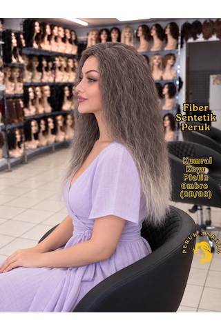 Afro Dalgası Peruk Fiber Sentetik Küllü Kumral Arası Işıltılı Platin Ombre