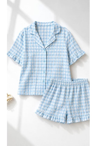 Suısy Blue Gingham Mavi Pötikareli Şortlu Pijama Takımı Çok Renkli