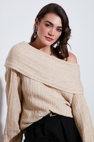 Lela Oversize Fit Madonna Yaka Triko Bayan Kazak 4615216 Bej