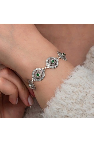 Artsmagazinmücevher Gümüş Telkari Zümrüt Taşlı Kadın Bileklik